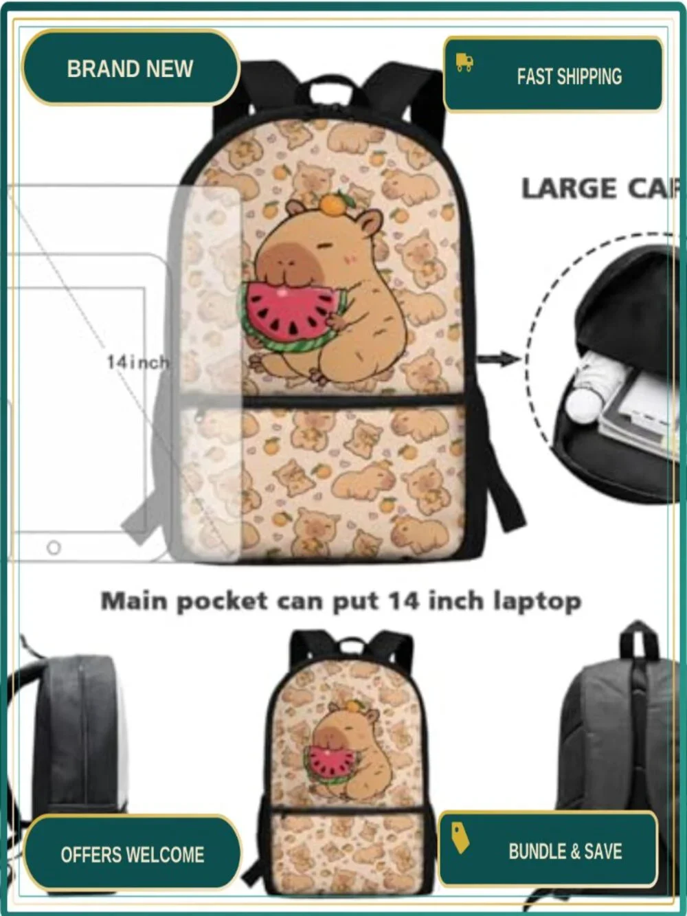 Watermelon Capybara Kids Backpack 5PCS Set with Lunch Bag Pencil Case Water